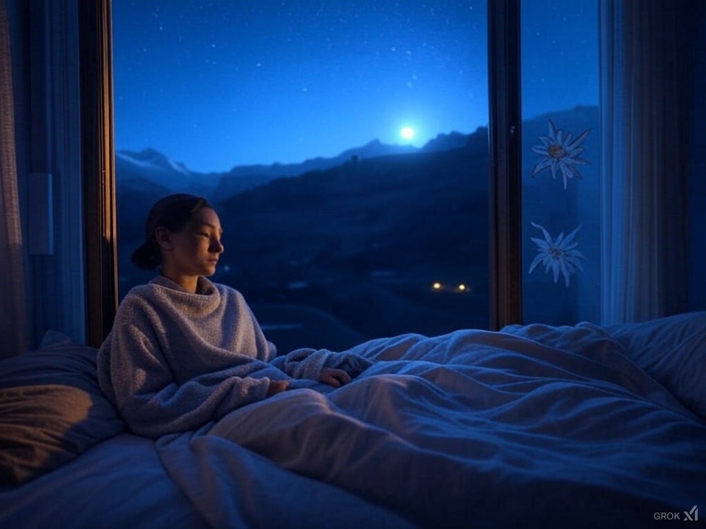 Paysage suisse nocturne avec une personne en relaxation hypnotique, entourée d’étoiles hypnagogiques, illustrant l’hypnose pour les troubles du sommeil en Suisse.