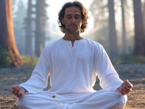 Cédric Abeck méditant dans une forêt de séquoias, symbolisant la transformation par l’hypnose et le yoga.